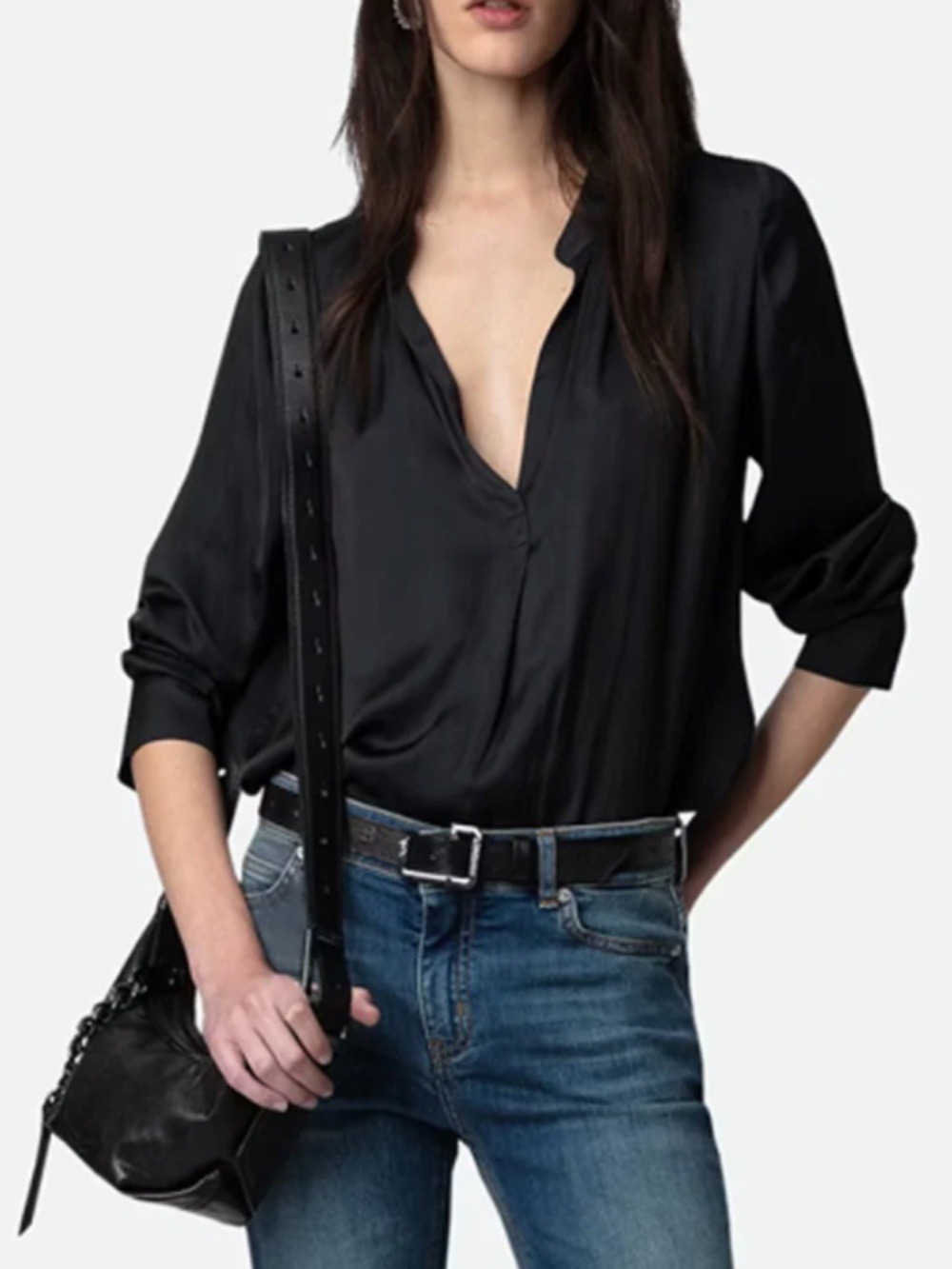 Zadia & Voltaire TINK silky black deep v neck quiet luxury old money blouse L
